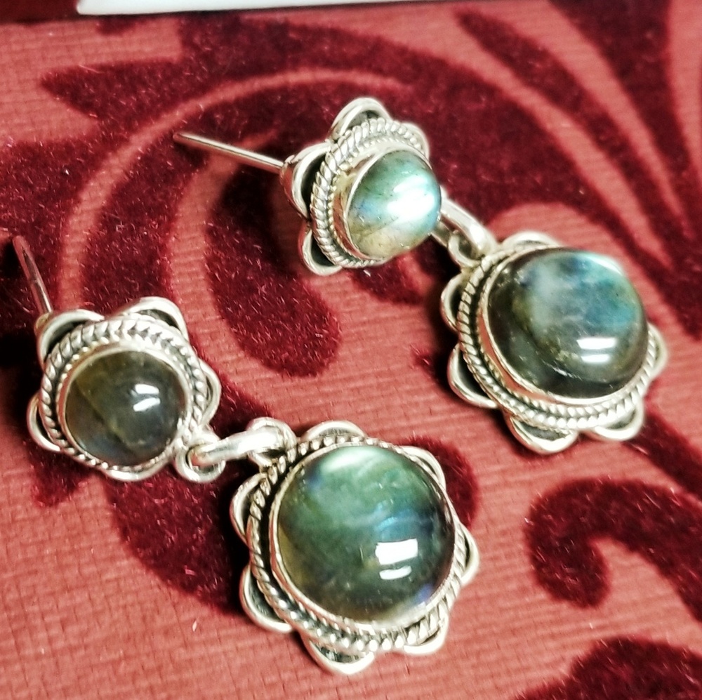 STERLING SILVER DANGLE LABRADORITE EARRINGS - Picture 2 of 8